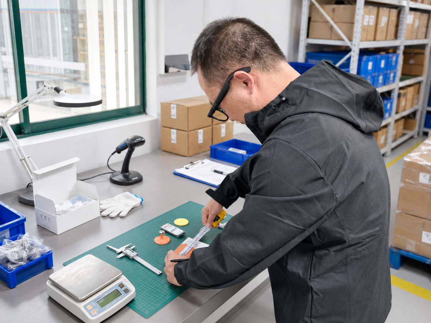A Topfulfil quality specialist measuring a product in the Ningbo inspection laboratory
