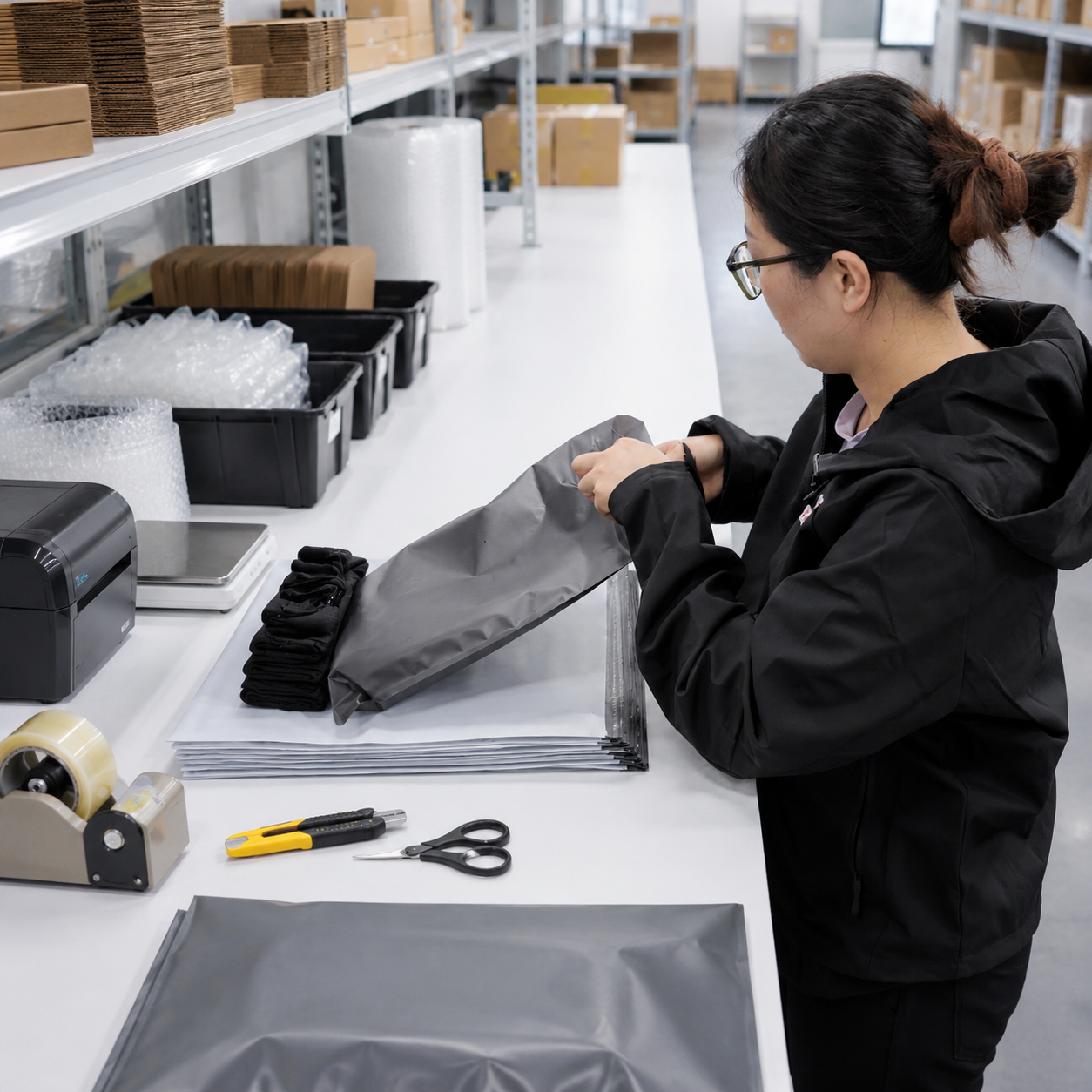 A Topfulfil team member packing an order in the Ningbo facility