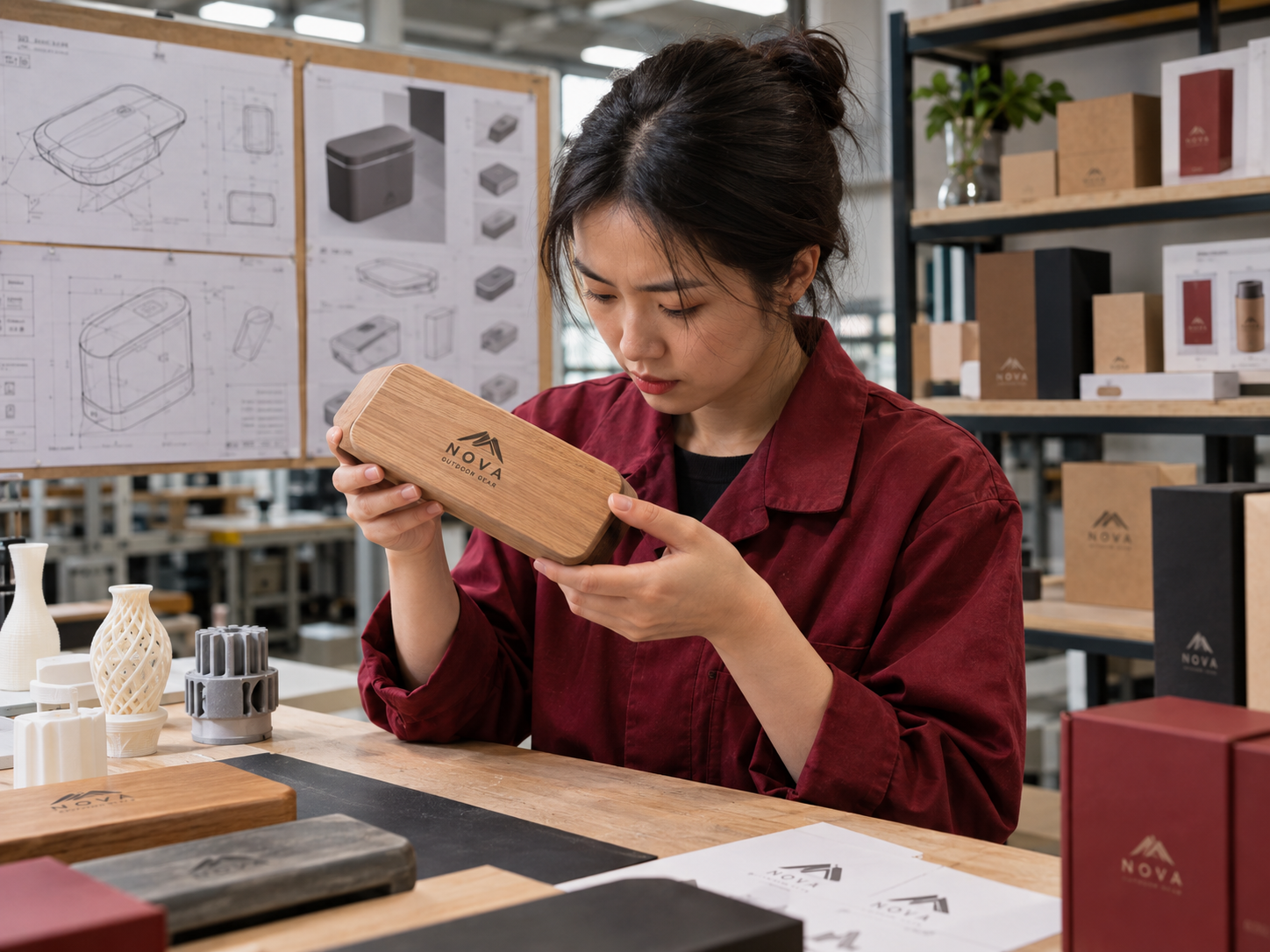 A Topfulfil product specialist reviewing a physical sample against drawings and packaging