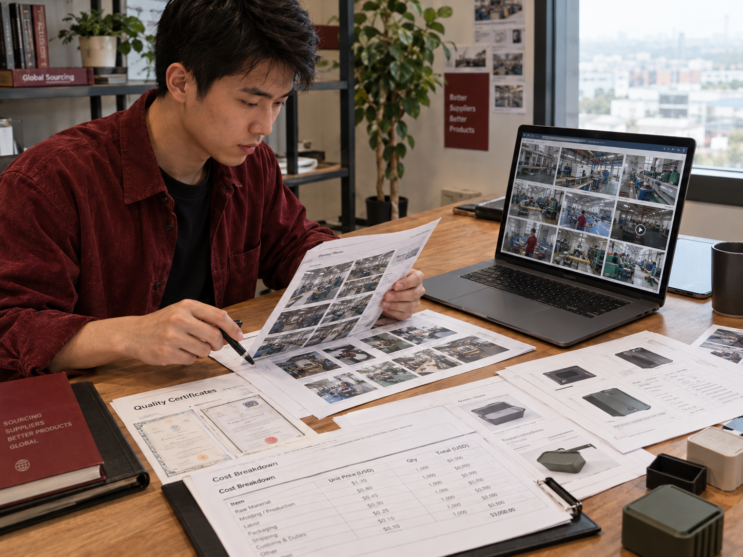 A Topfulfil sourcing specialist comparing factory photos and cost breakdowns